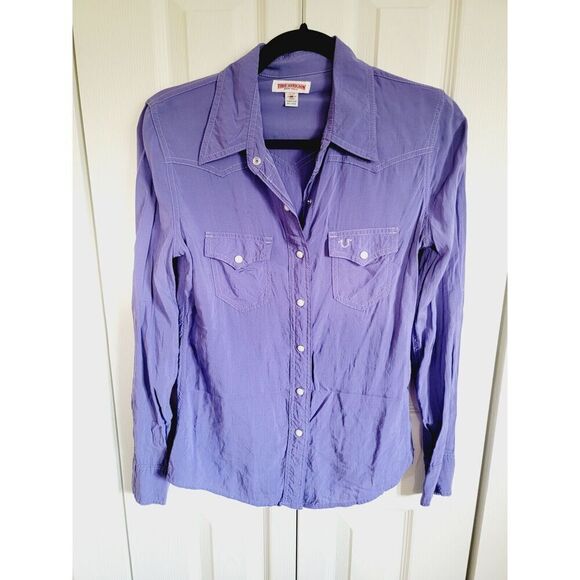 True Religion XS Pearl Snap Western Buttoned Shirt‎ Crystal Logo Pockets Purple - Picture 1 of 10